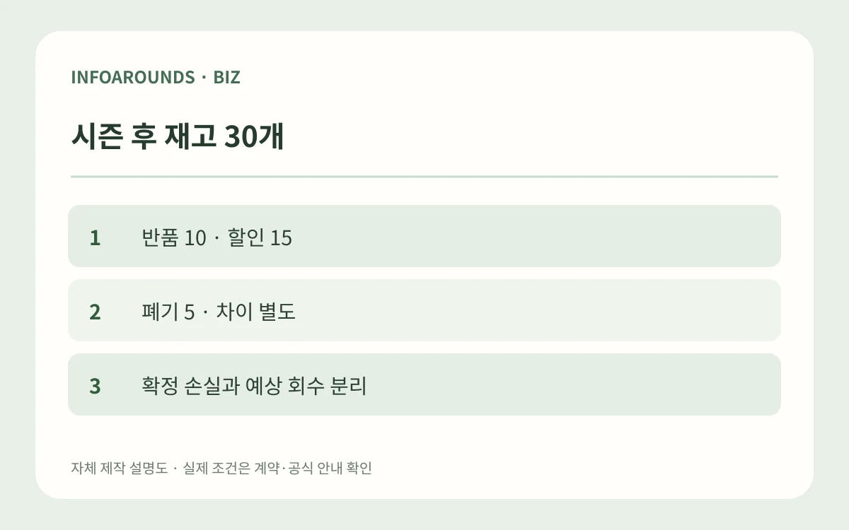 시즌 후 재고 30개. 반품 10 · 할인 15. 폐기 5 · 차이 별도. 확정 손실과 예상 회수 분리. 자체 제작 매장 운영 설명도