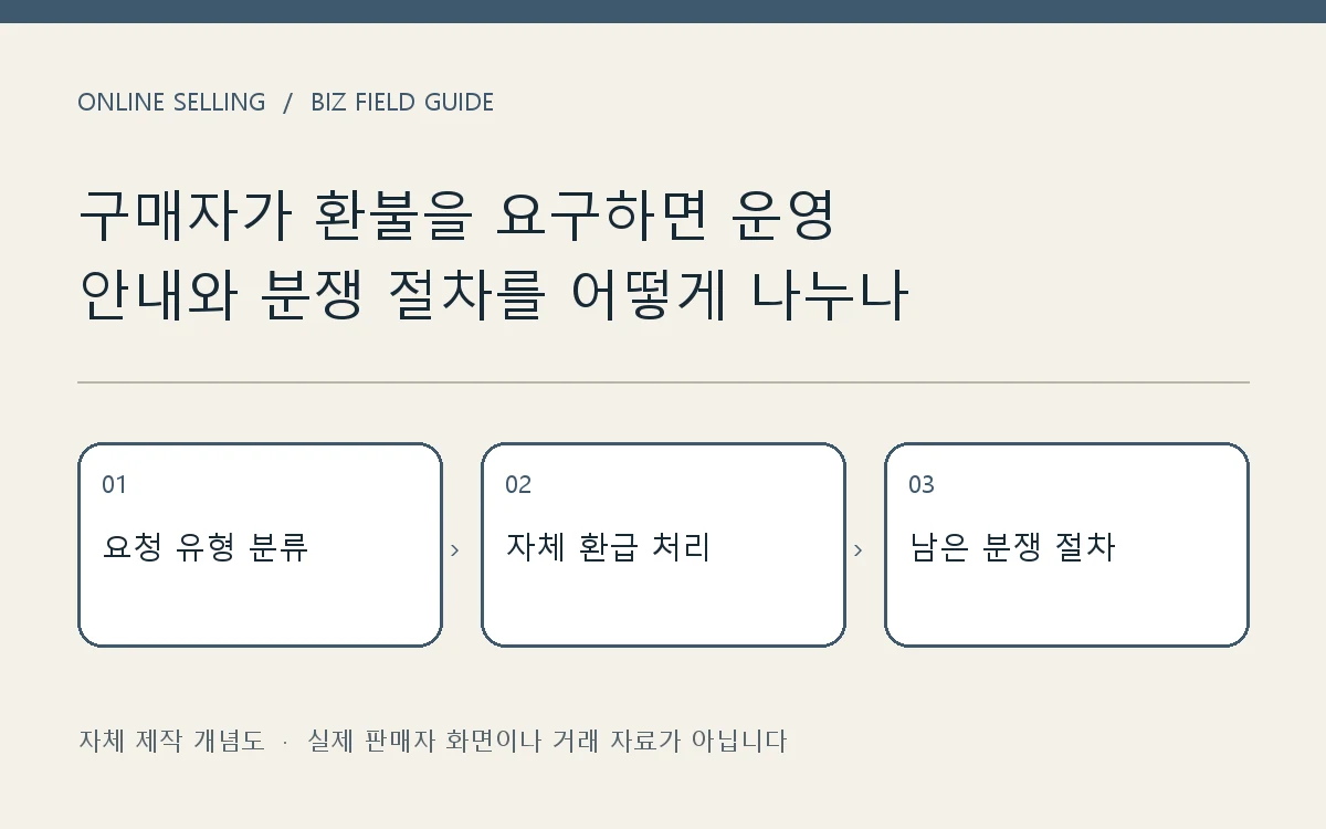 온라인 판매 운영: 요청 유형 분류 → 자체 환급 처리 → 남은 분쟁 절차. 자체 제작 판단 흐름도