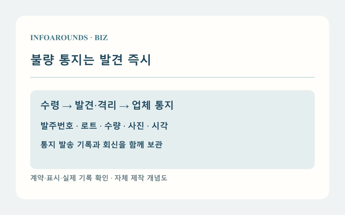불량 통지는 발견 즉시: 수령 시각; 발견·격리; 통지 발송. 가상 사례와 계약별 확인 항목