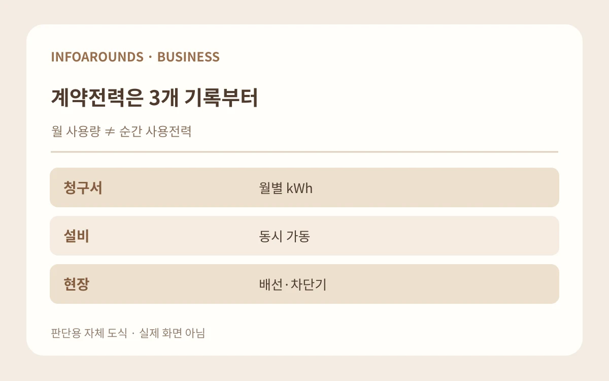 계약전력은 3개 기록부터. 월 사용량 ≠ 순간 사용전력. 청구서 — 월별 kWh; 설비 — 동시 가동; 현장 — 배선·차단기. 자체 제작 설명 그림