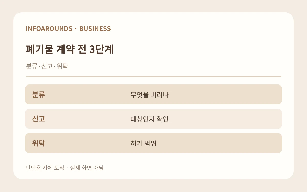 폐기물 계약 전 3단계. 분류·신고·위탁. 분류 — 무엇을 버리나; 신고 — 대상인지 확인; 위탁 — 허가 범위. 자체 제작 설명 그림