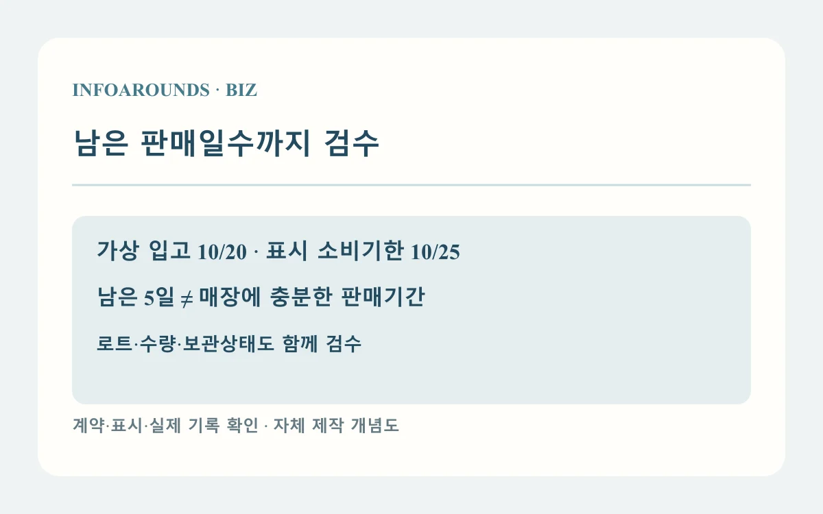 남은 판매일수까지 검수: 입고 10/20; 소비기한 10/25; 남은 5일. 가상 사례와 계약별 확인 항목