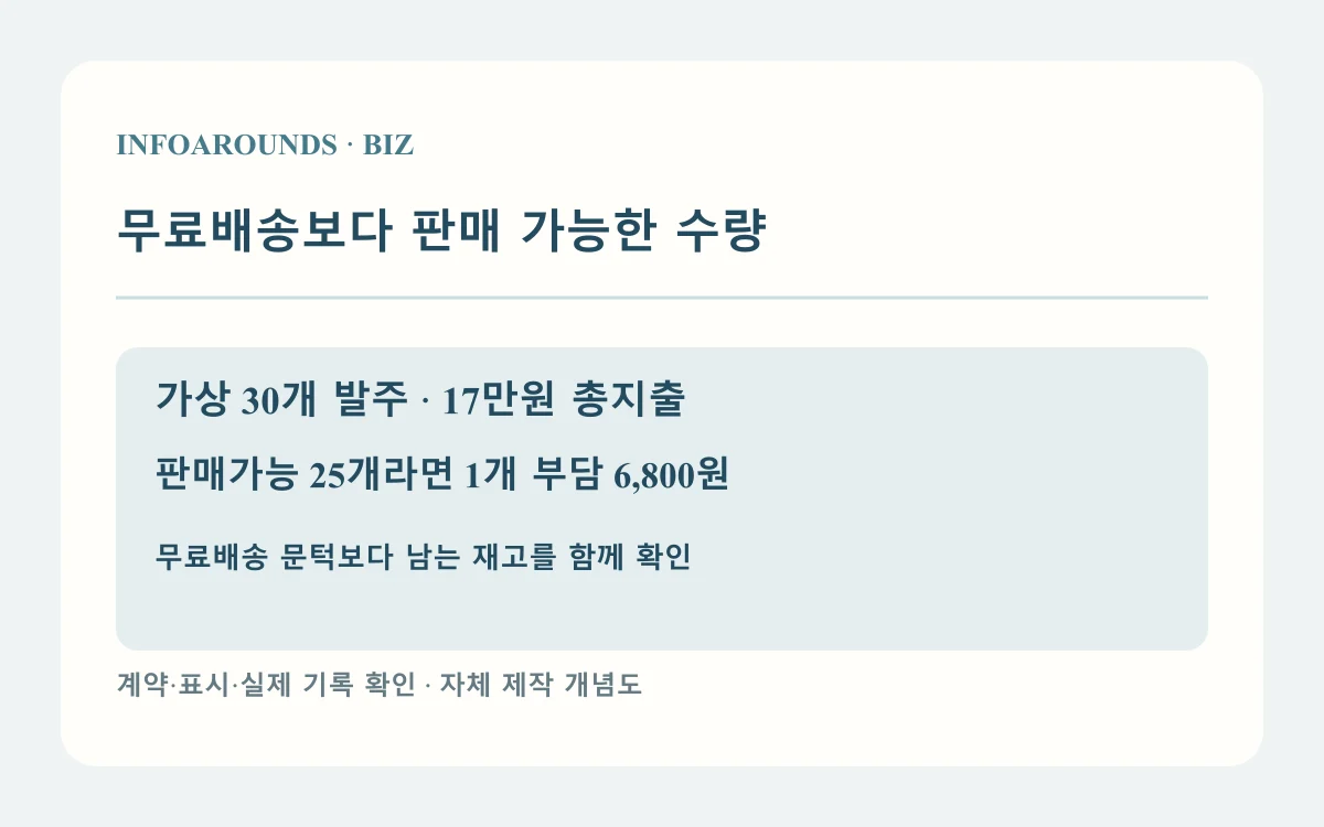 무료배송보다 판매 가능한 수량: 30개 × 5,000원; 배송비 20,000원; 판매가능 25개 → 6,800원. 가상 사례와 계약별 확인 항목