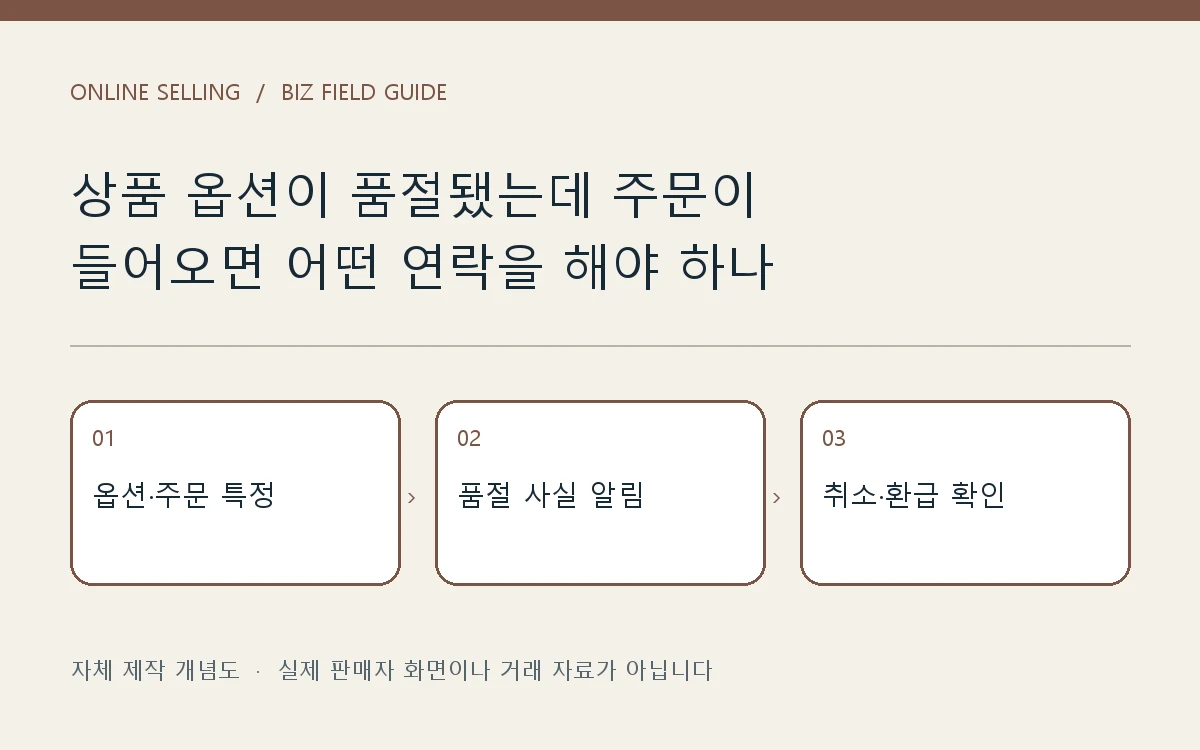 온라인 판매 운영: 옵션·주문 특정 → 품절 사실 알림 → 취소·환급 확인. 자체 제작 판단 흐름도