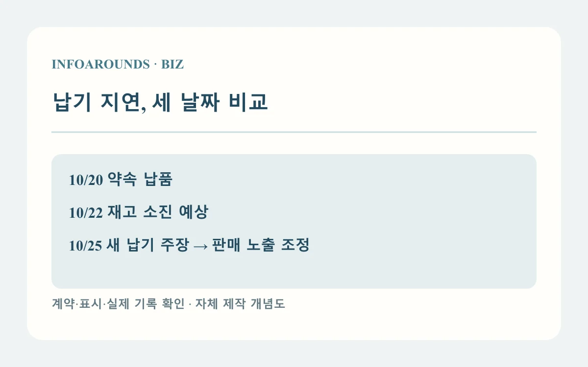 납기 지연, 세 날짜 비교: 약속 10/20; 재고 소진 10/22; 새 납기 10/25. 가상 사례와 계약별 확인 항목