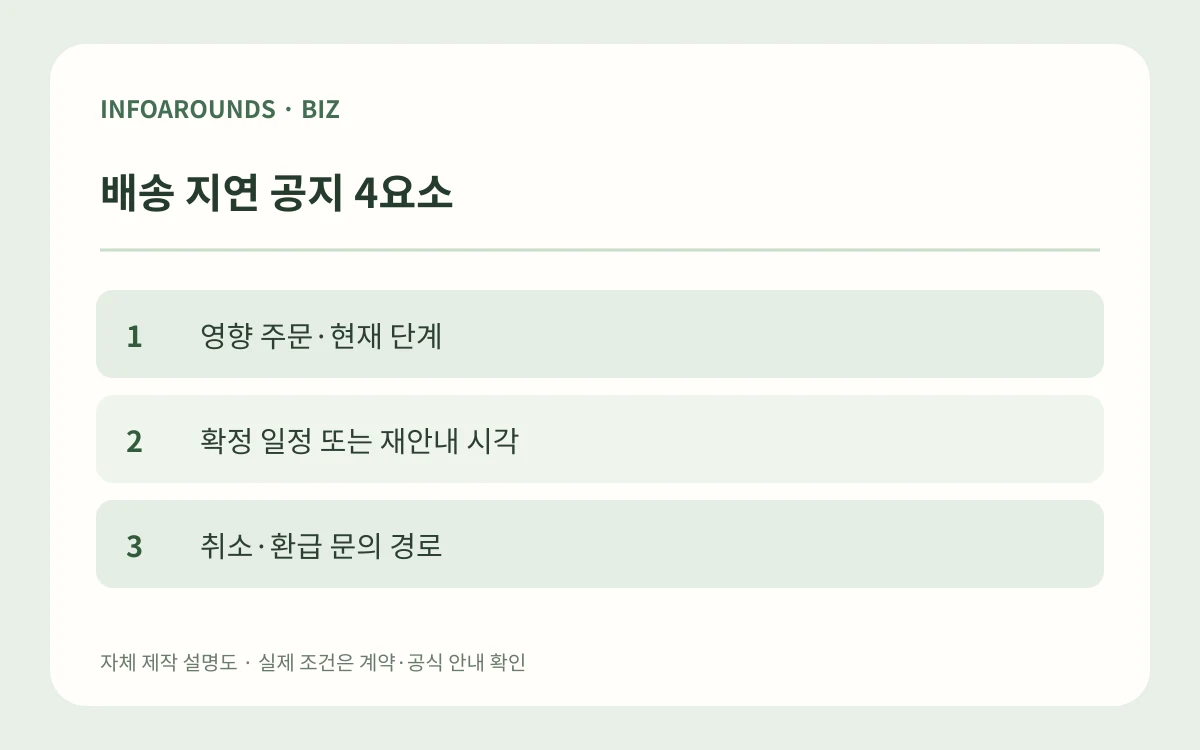 배송 지연 공지 4요소. 영향 주문·현재 단계. 확정 일정 또는 재안내 시각. 취소·환급 문의 경로. 자체 제작 매장 운영 설명도